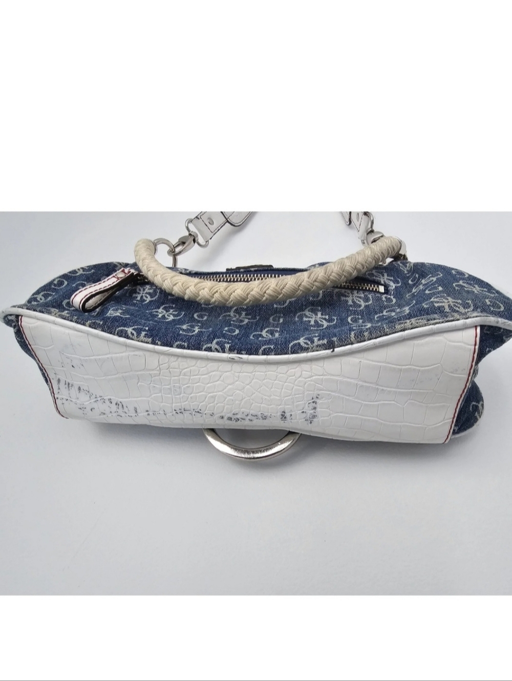 Guess Navy and White Monogram Shoulder Bag with Braided Top Handle - Picture 6 of 7